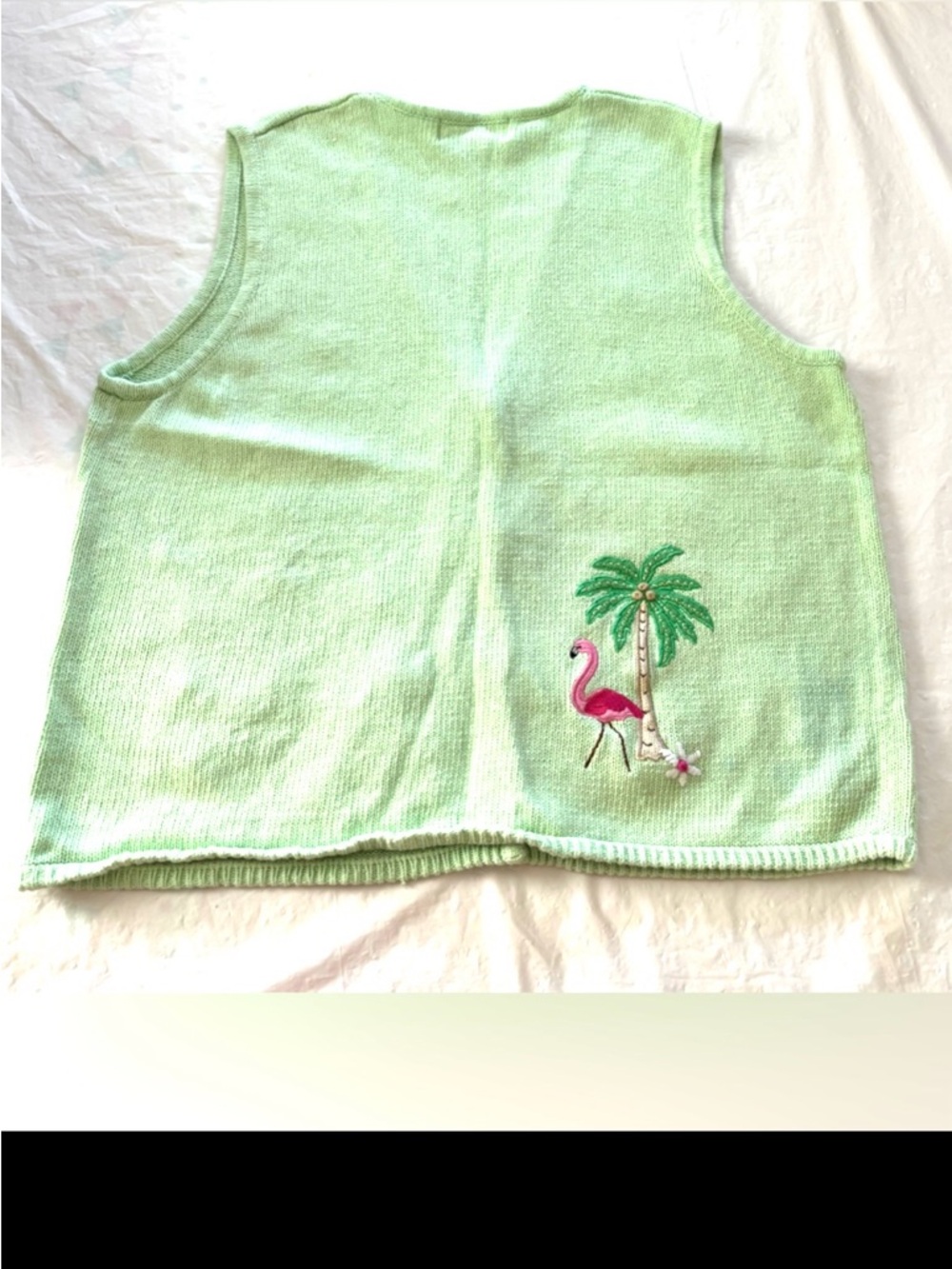 Vintage Mandal Bay Green Pink Tropical Flamingo Palm Cotton Knit Vest SZ L - Picture 7 of 11